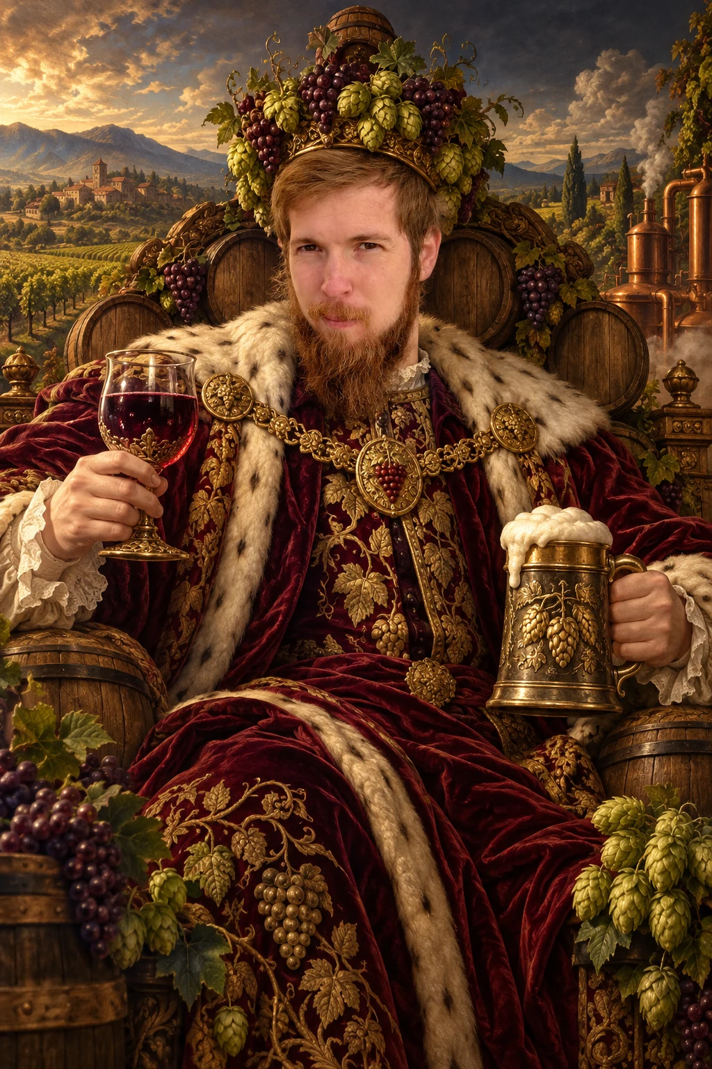 Emre szőlőkoronás uralkodóként, hordótrónon, borral és sörrel — humoros AI-portré.